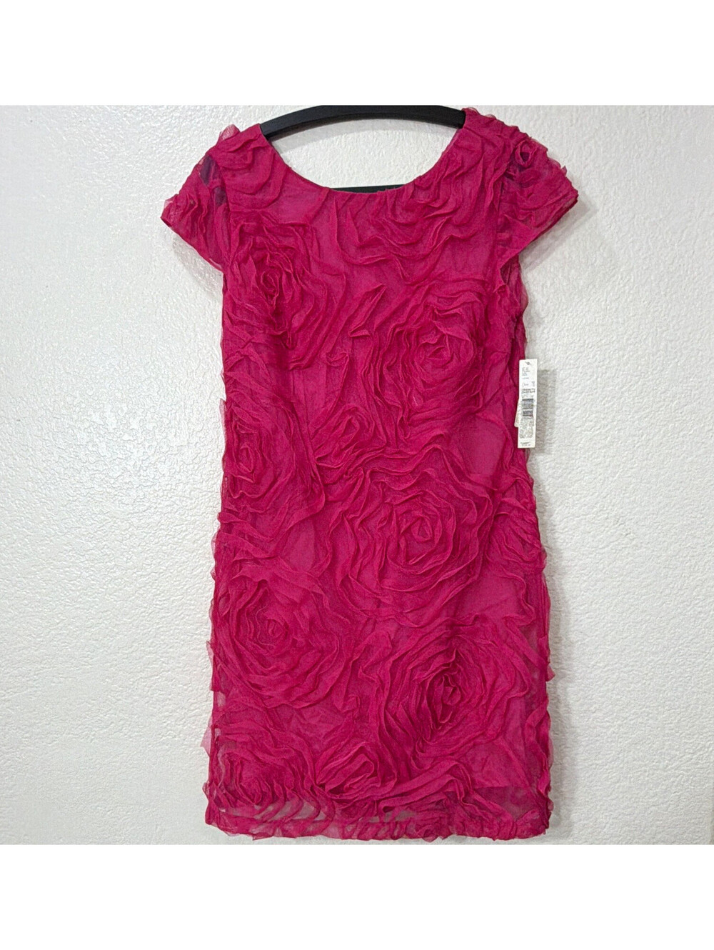Antonio Melani Fuchsia Ruffle Mesh Sheath Dress V-Neck Cap Sleeve 12
